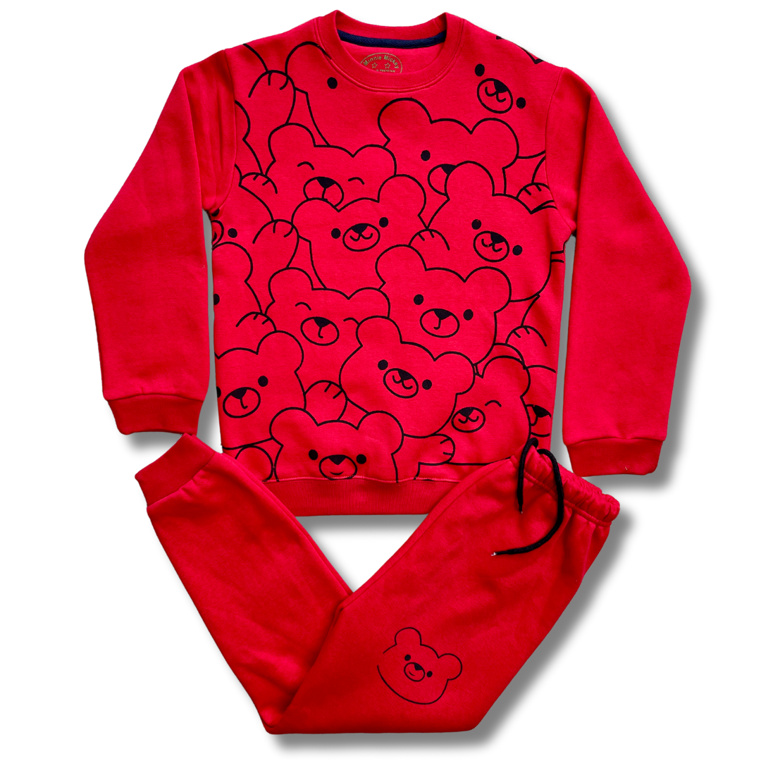 Red Teddy Bear Printed Winter Fleece Tracksuit Unisex