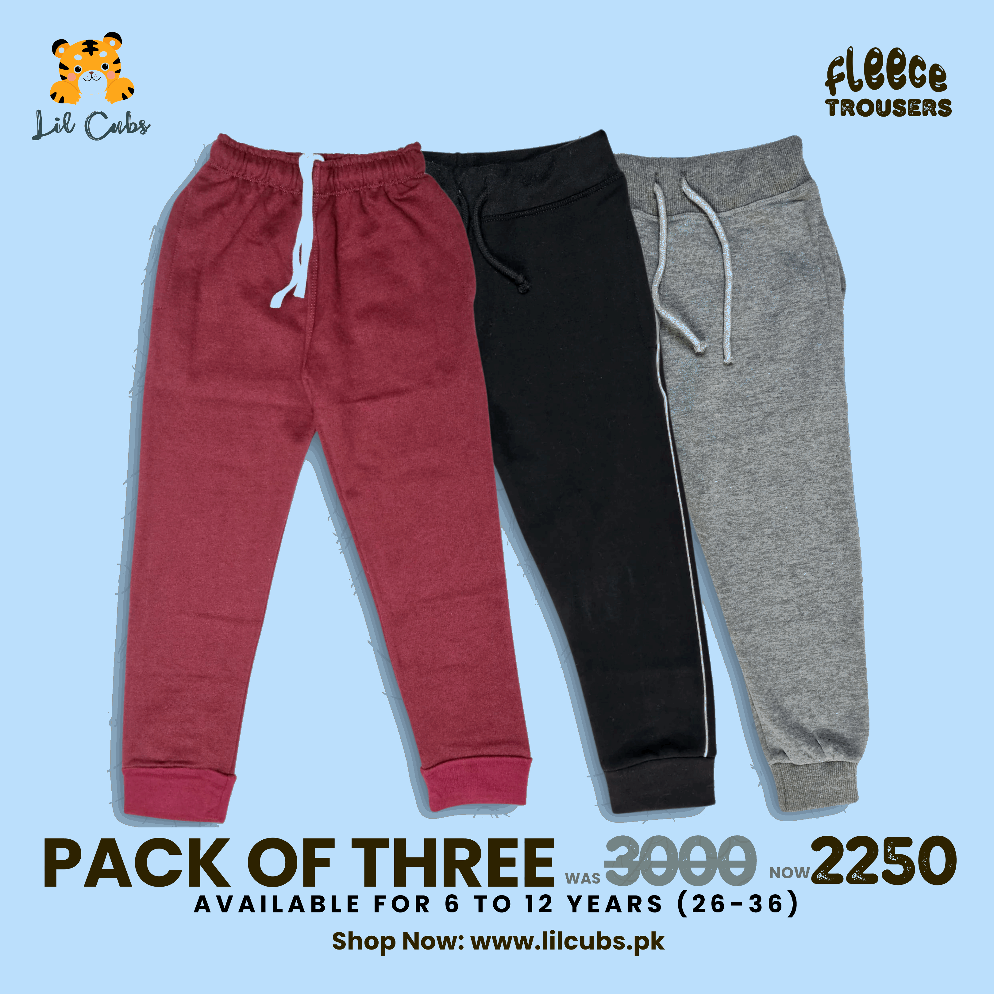 Pack of 3 Basic Fleece Trouser Pants Ages: 6 Years to 12 years